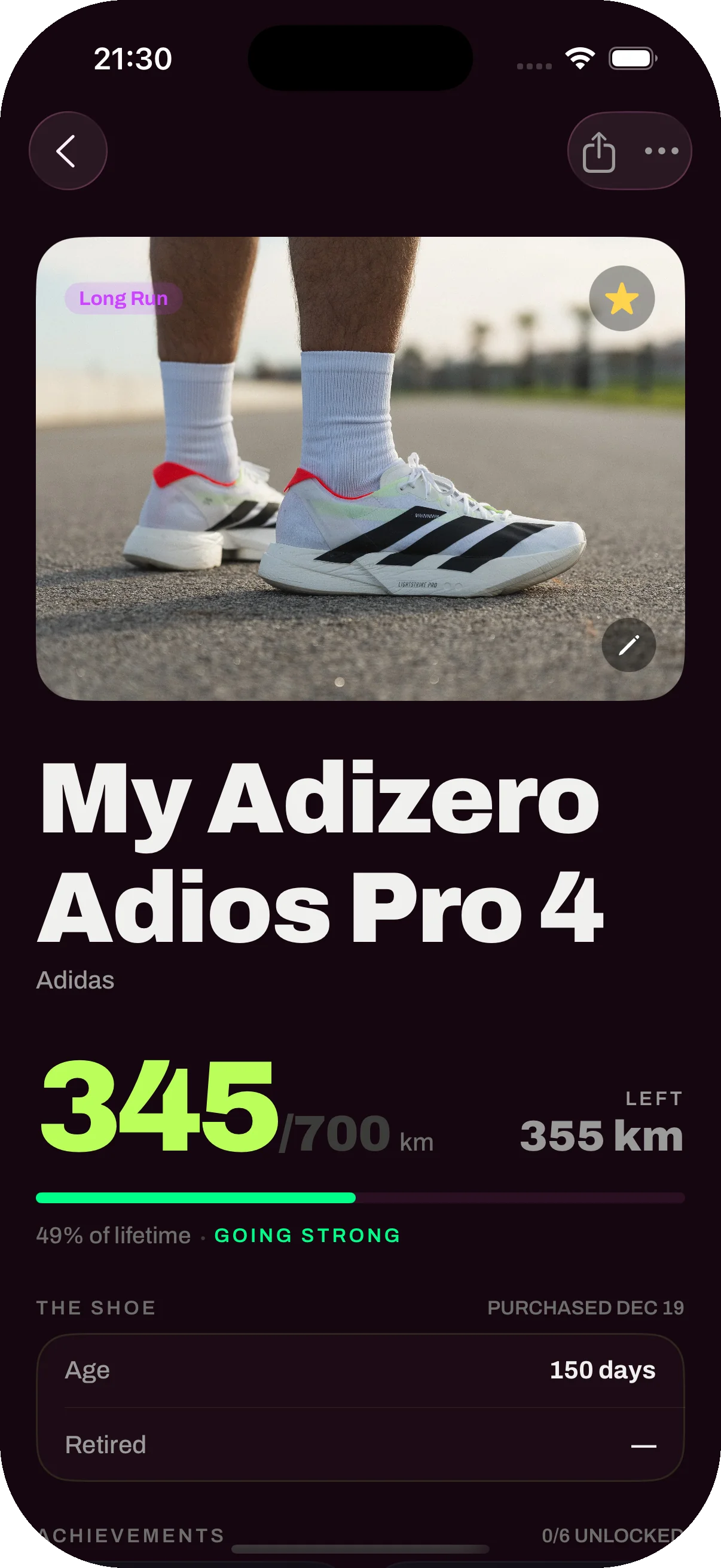 Smart Runner shoe detail for the Adizero Adios Pro 4 showing 345 km used and 355 km left, 49 percent of lifetime, Going Strong status, age 150 days, purchased Dec 19